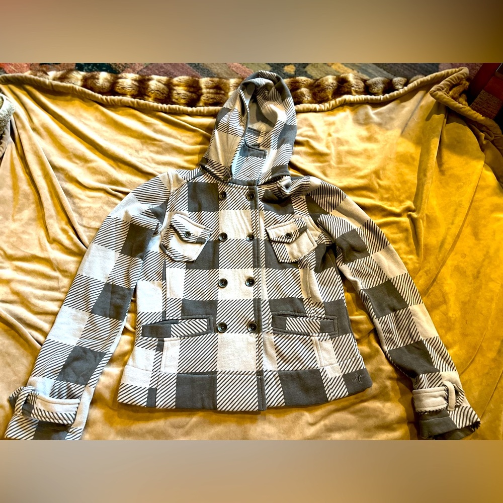 Grey Plaid Hurley Women’s Button Up Hooded Jacket Sz XS